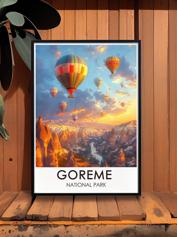This travel poster of Goreme National Park in Cappadocia, Turkey, features the iconic Fairy Chimneys and hot air balloons, creating a vibrant and detailed artwork that celebrates the regions unique landscape and adventurous spirit.