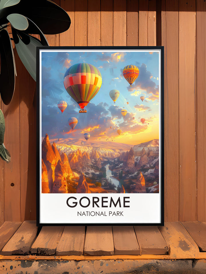 The Fairy Chimneys Wall Art transports you to the magical landscapes of Cappadocia, Turkey, where hot air balloons drift serenely in the sky. A perfect piece for adventurers and travel lovers.