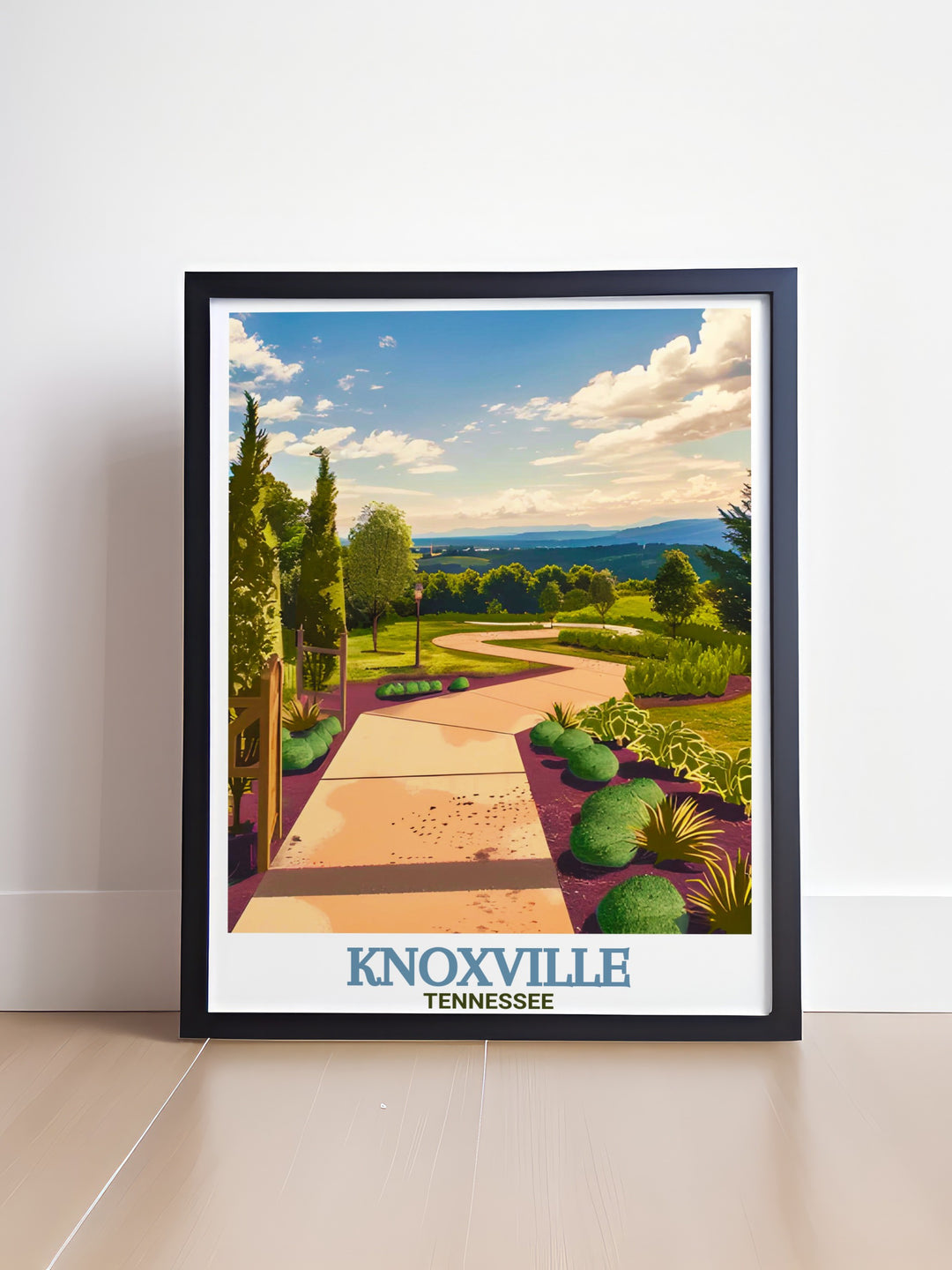 Knoxville poster featuring the Knoxville Botanical Garden and Arboretum, capturing the lush greenery and colorful blooms of this peaceful haven in Tennessee. Perfect as a wall art piece for nature lovers, this print brings the beauty of Knoxvilles outdoor spaces into your home.