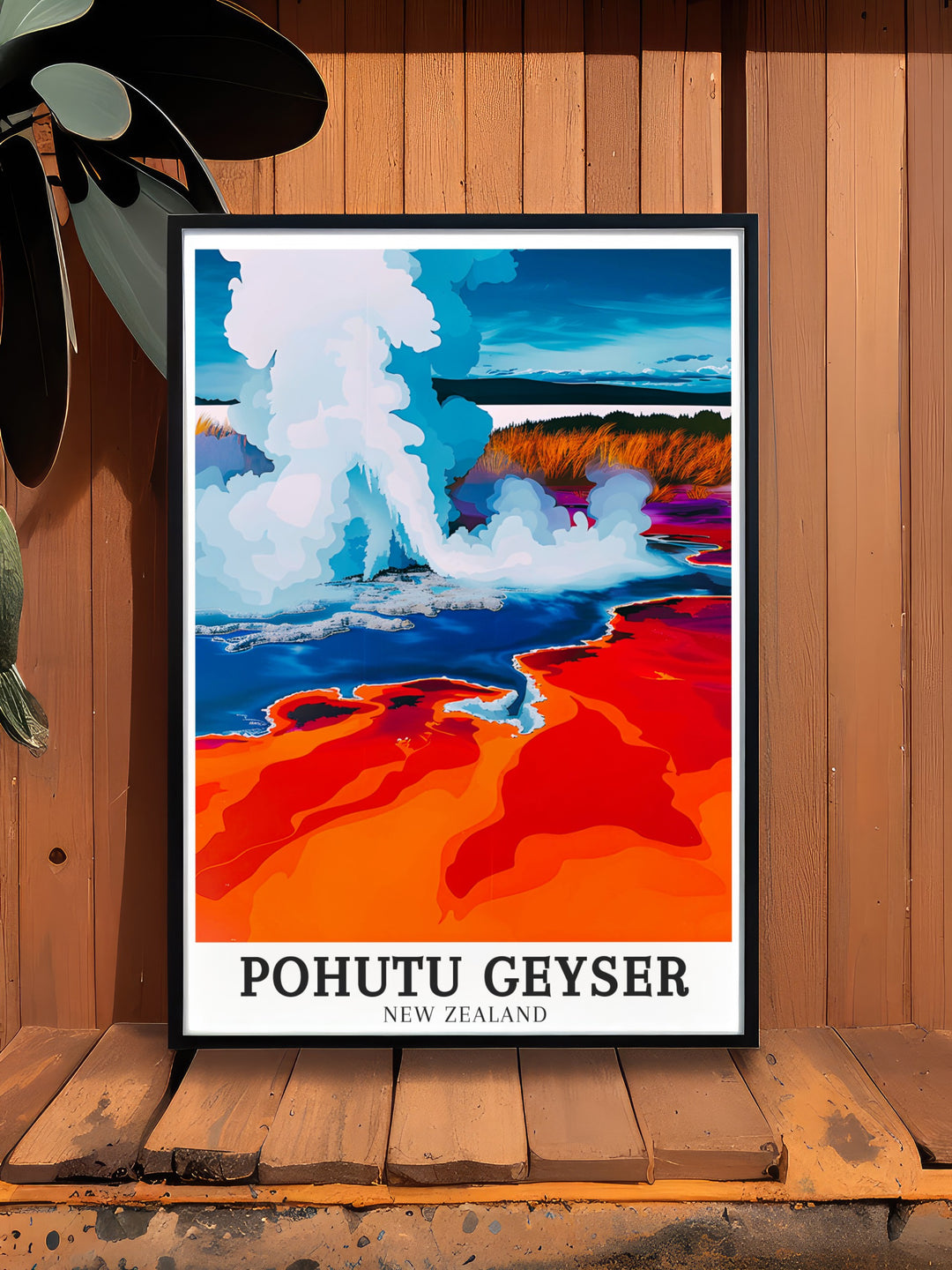 Erupting geysers and rich Maori culture combine in this print of Pohutu Geyser at Te Puia. Rotoruas geothermal activity is beautifully captured in this travel poster, offering a glimpse into one of New Zealands most iconic natural landmarks, perfect for home or office decor.