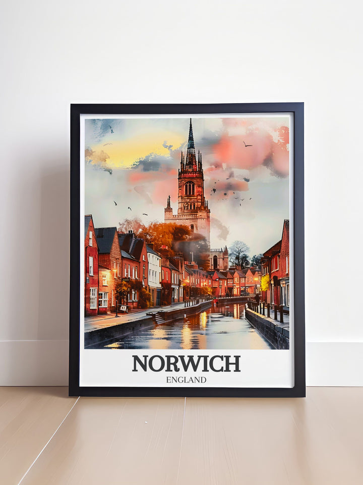 Elegant Blakeney print featuring the tranquil landscapes of Blakeney Norfolk and the charming Blakeney Harbour with highlights of the River Wensum Tudor buildings and The Norwich Cathedral perfect for framing and home decor.