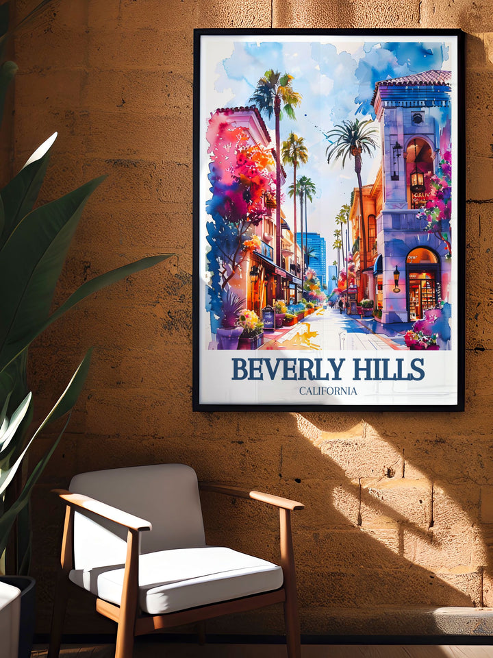 High quality print of Rodeo Drive and Three Rodeo Drive in Beverly Hills, capturing the stunning landmarks and upscale energy of this famous city. Ideal for art lovers who appreciate both fashion and culture.