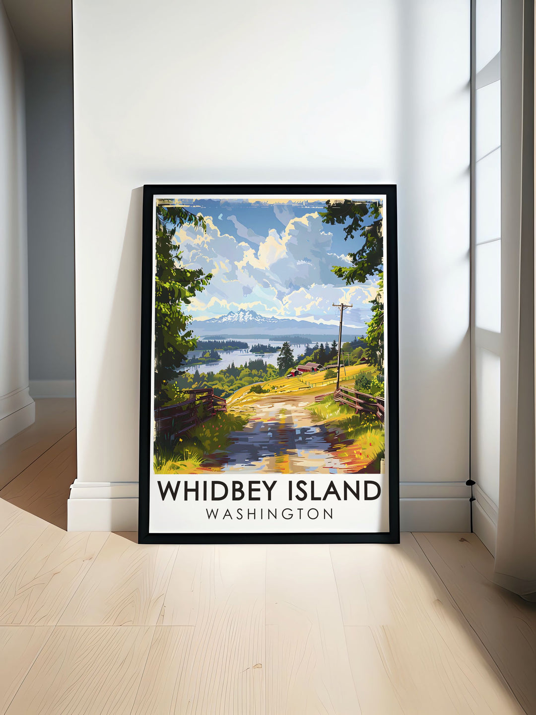 Washington poster featuring the serene beauty of Whidbey Island and the majestic Ebeys Landing National Historical Reserve perfect for adding a touch of nature to your home decor with vibrant colors and a vintage poster style