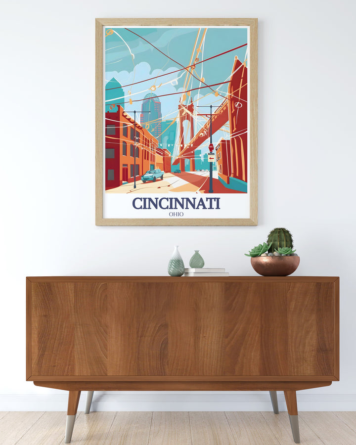 Elegant Cincinnati print of Roebling Suspension Bridge Roebling Point blending vintage print and modern art elements a standout piece in any collection of city artwork and home decor