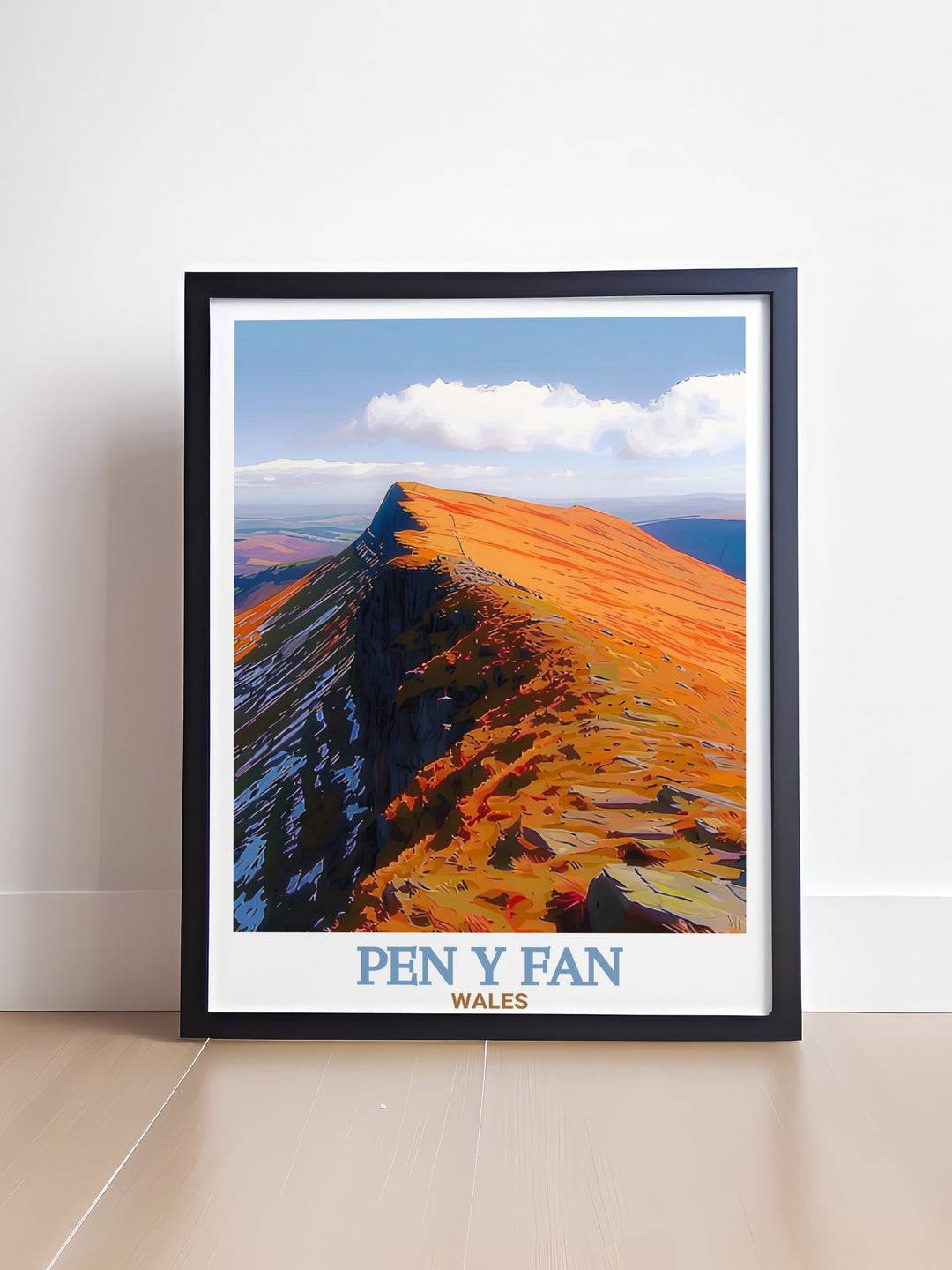 Pen y Fan Travel Poster showcasing the rolling hills and the towering summit of Pen y Fan in Brecon Beacons National Park. This framed art is perfect for those who admire the outdoors and want to bring the beauty of Wales into their home.