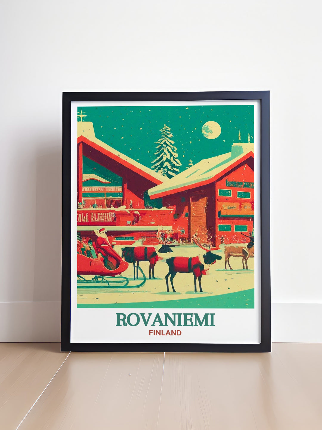 A charming illustration of Santa Claus Village in Rovaniemi, Finland, ideal for those who wish to celebrate the holiday spirit year round. This piece of art is perfect for adding a touch of Christmas magic to your decor.