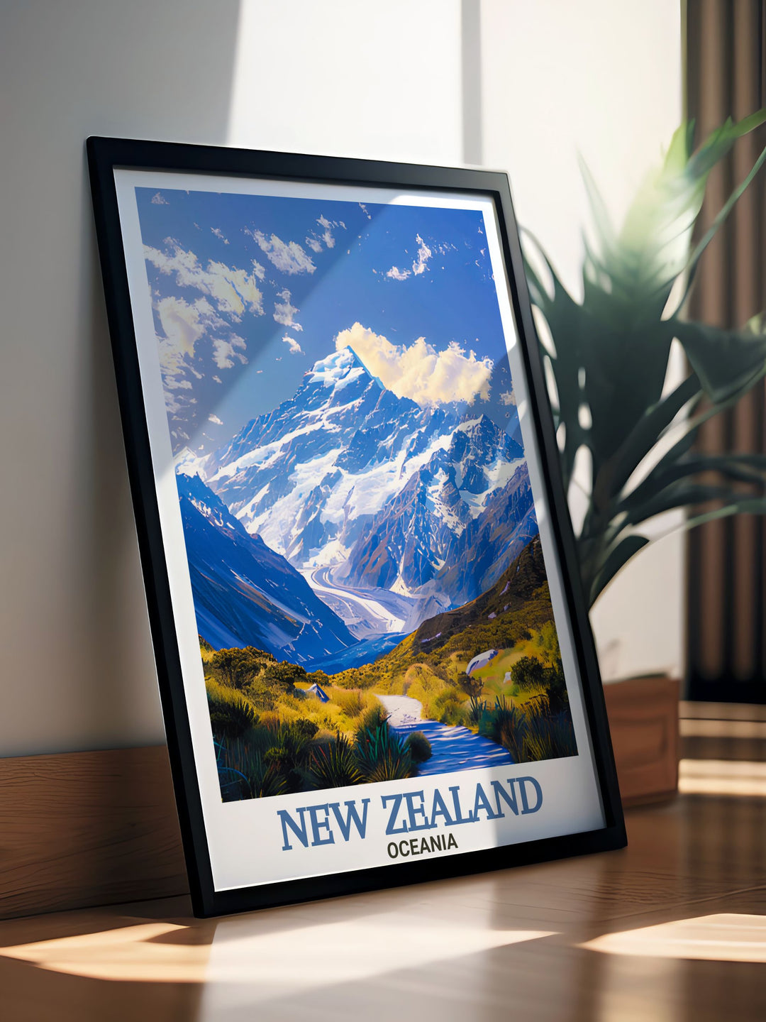 Framed print of New Zealands Mount Cook and Akaroa Lighthouse offering a stunning blend of natural beauty and retro design perfect for creating a focal point in your living room decor or as a thoughtful gift for travelers.