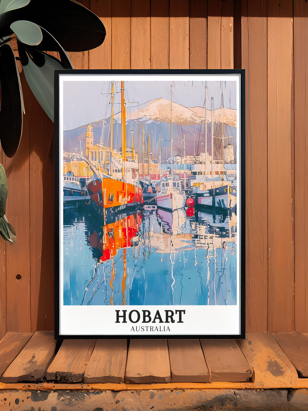 Elegant Hobart travel print portraying the serene Mount Wellington and the lively Hobart Port. The artwork combines the tranquility of Tasmanias wilderness with the dynamic energy of its capital city, making it a great Australia gift