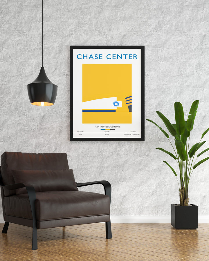 Retro Chase Center Poster featuring vibrant Warriors artwork ideal for decorating any space in your home or office great for basketball fans who appreciate bold California prints perfect as a unique gift for boys or dads who are Golden State Warriors supporters.