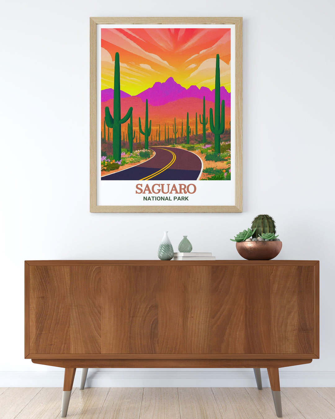 Celebrate Arizonas rich desert heritage with this custom print, featuring a striking depiction of Saguaro National Parks famous cacti and the scenic beauty of Cactus Forest Drive, perfect for collectors and travel enthusiasts alike.