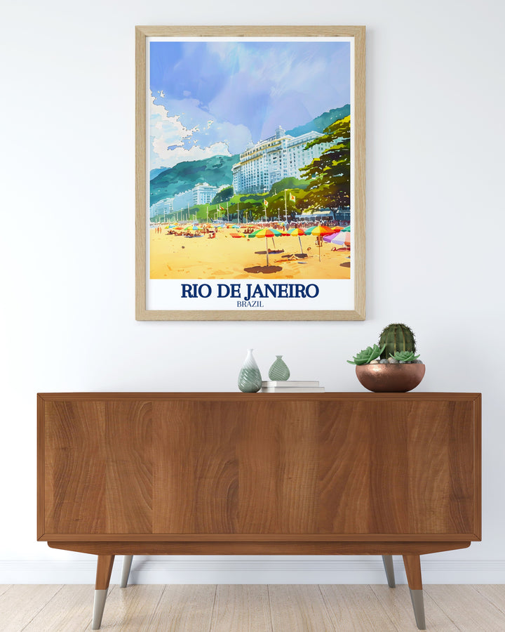 Rio wall print showcasing the colorful and vibrant streets of Brazils beloved city. This travel poster is a great addition to any collection, celebrating the culture and beauty of Rio.