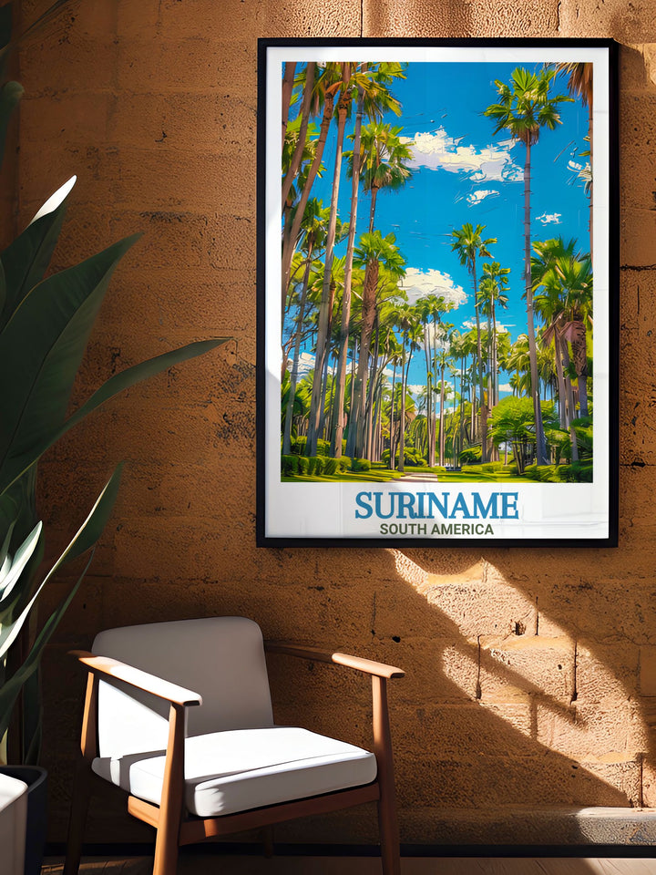 Suriname Wall Art featuring the lively atmosphere of Paramaribo and the peaceful landscapes of Palmentuin. Perfect for modern home decor and personalized gifts for special occasions.