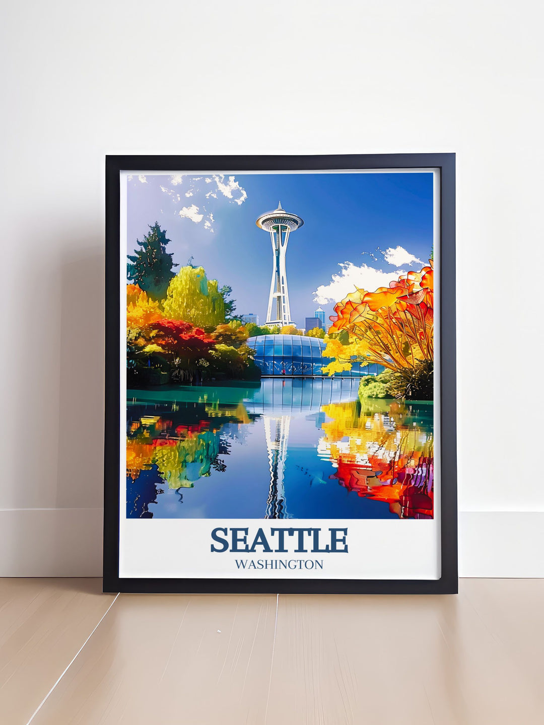 This Seattle Artwork beautifully captures the juxtaposition of the Space Needle and the colorful glass sculptures of Chihuly Garden. The vibrant design is a tribute to the citys innovative spirit, making it an ideal wall piece.