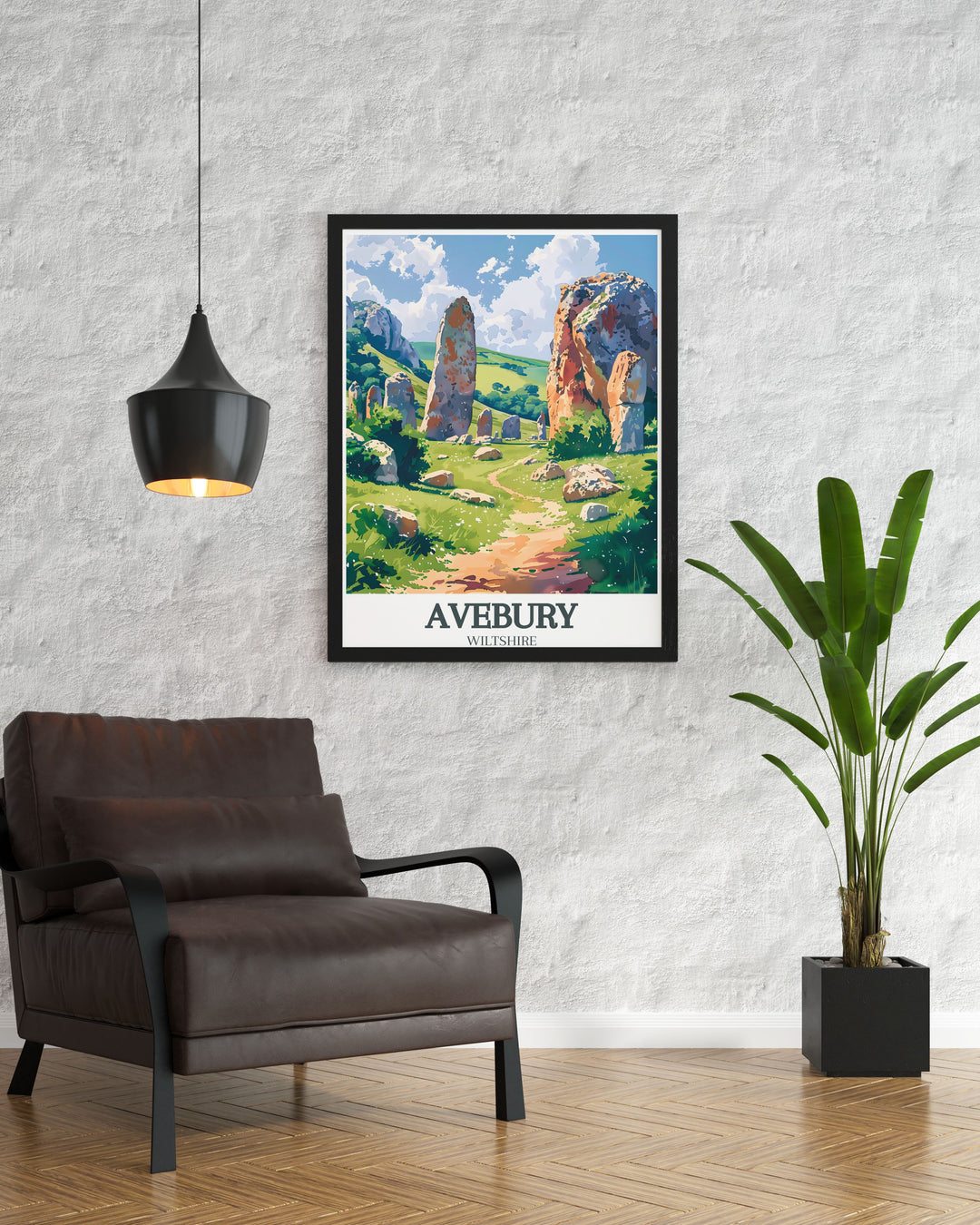 Capture the essence of Englands historical landmarks with this poster featuring Avebury Stone Circle and the North Wessex Downs, perfect for enhancing any living space with their scenic beauty.