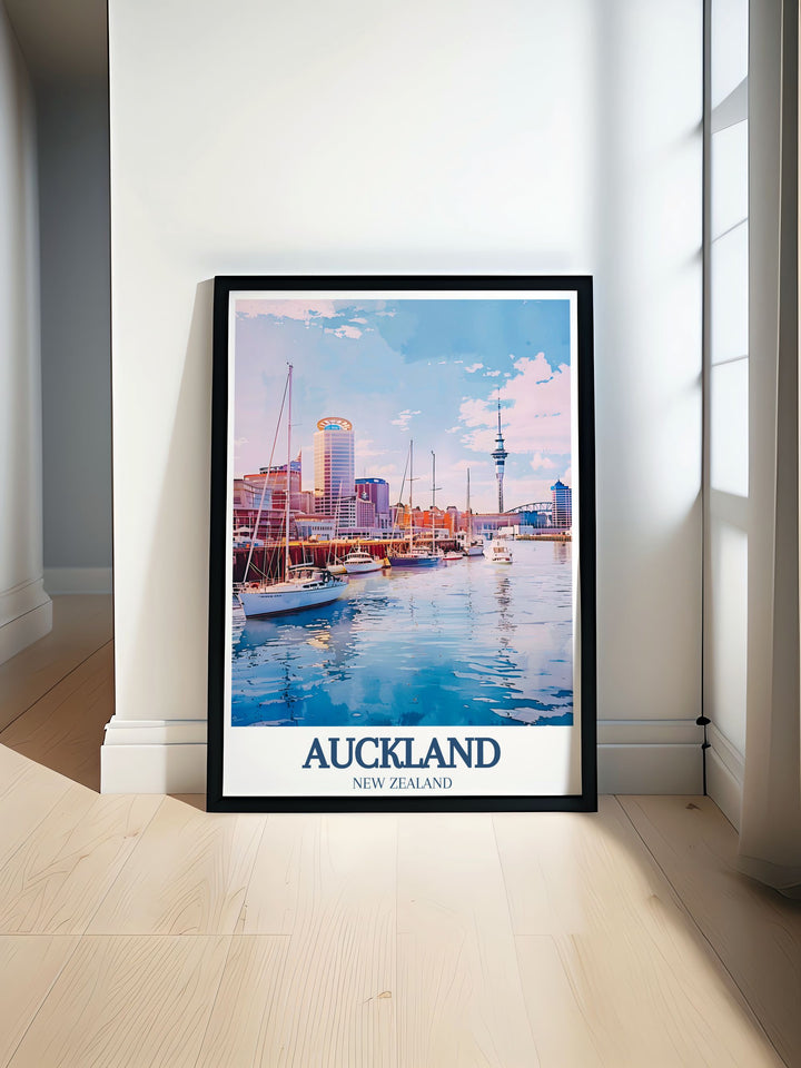 Stunning Auckland poster featuring the bustling Viaduct Harbour, capturing the vibrant marina, yachts, and lively atmosphere of this iconic waterfront location. Perfect for adding a touch of New Zealands energy to your home decor.