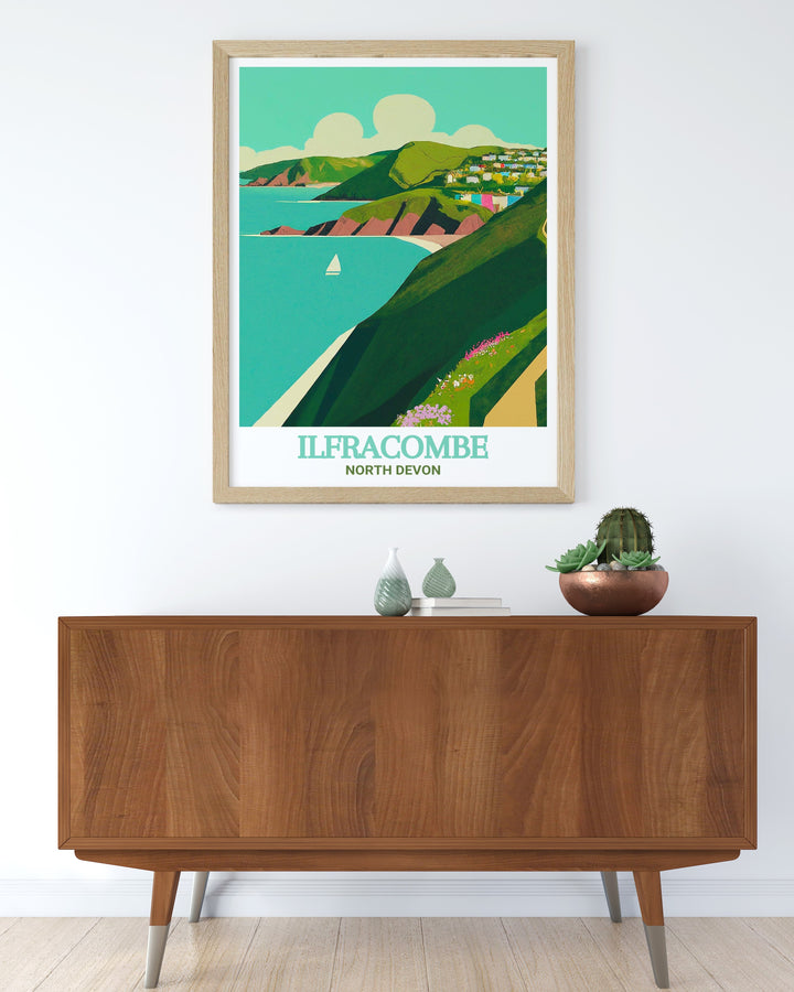 A detailed poster print of Ilfracombe, highlighting the towns vibrant harbor and its scenic surroundings. This piece is perfect for anyone who appreciates the beauty of the English coast.