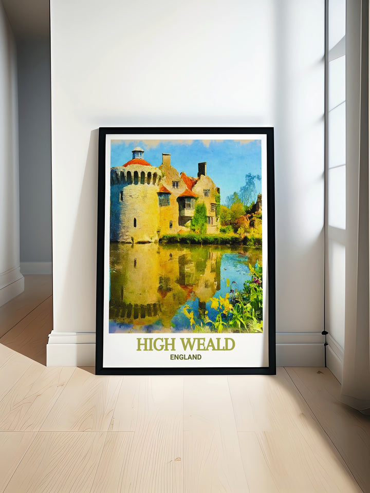 High Weald Travel Print featuring the rolling hills of Kent and Sussex with Scotney Castle in the background perfect for adding a touch of British countryside charm to your home ideal for framing and displaying in your living room or study.