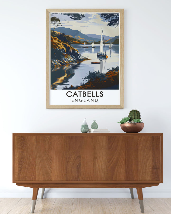 Beautiful Catbells Summit travel poster that highlights the natural charm of the Lake District including Derwentwater Shoreline an excellent choice for those looking to bring tranquility and adventure into their living spaces