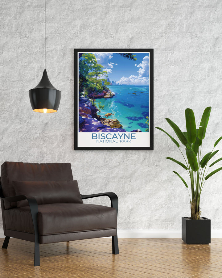 Elegant Biscayne National Park wall art depicting Biscayne Bay Trail and coral reefs, showcasing the parks natural and underwater beauty. Perfect for adding sophistication and a touch of nature to any room.