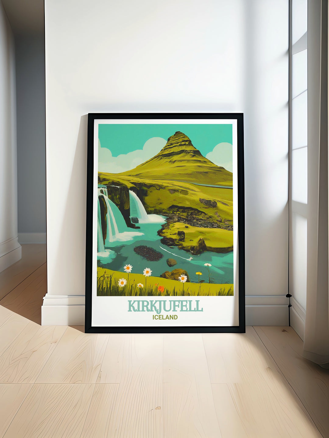 Iceland Travel Poster featuring the iconic landmarks of Kirkjufell and Kirkjufellsfoss, capturing the essence of Icelands captivating landscapes. This travel poster is ideal for adventurers and nature lovers who want to bring the spirit of Iceland into their homes.