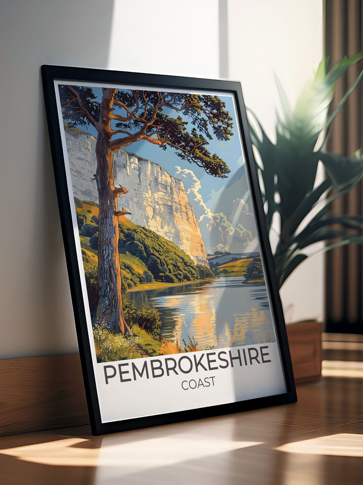 Stackpole Estate framed print depicting the scenic beauty of the Welsh coastline with lush greenery and tranquil waters perfect for enhancing your home decor and making a statement in any room with its timeless elegance and charm.