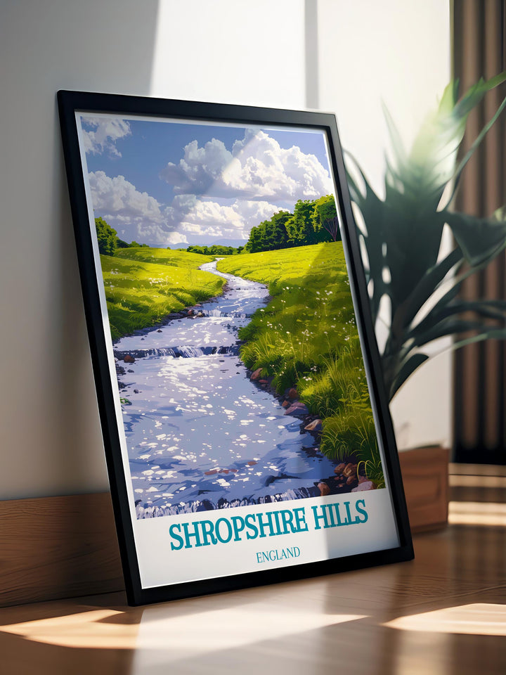 Framed Print of Shropshire Hills and Carding Mill Valley showcases the beauty of this West Midlands AONB providing an elegant piece of wall art that blends vintage travel charm with modern design ideal for enhancing any interior space.