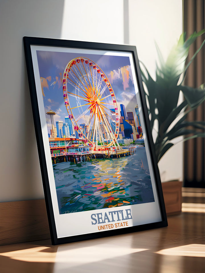 The Seattle Great Wheel stands proudly in this artistic depiction of the citys skyline. Perfect for those who adore Seattles landmarks, this canvas art captures the essence of the Pacific Northwests urban life.