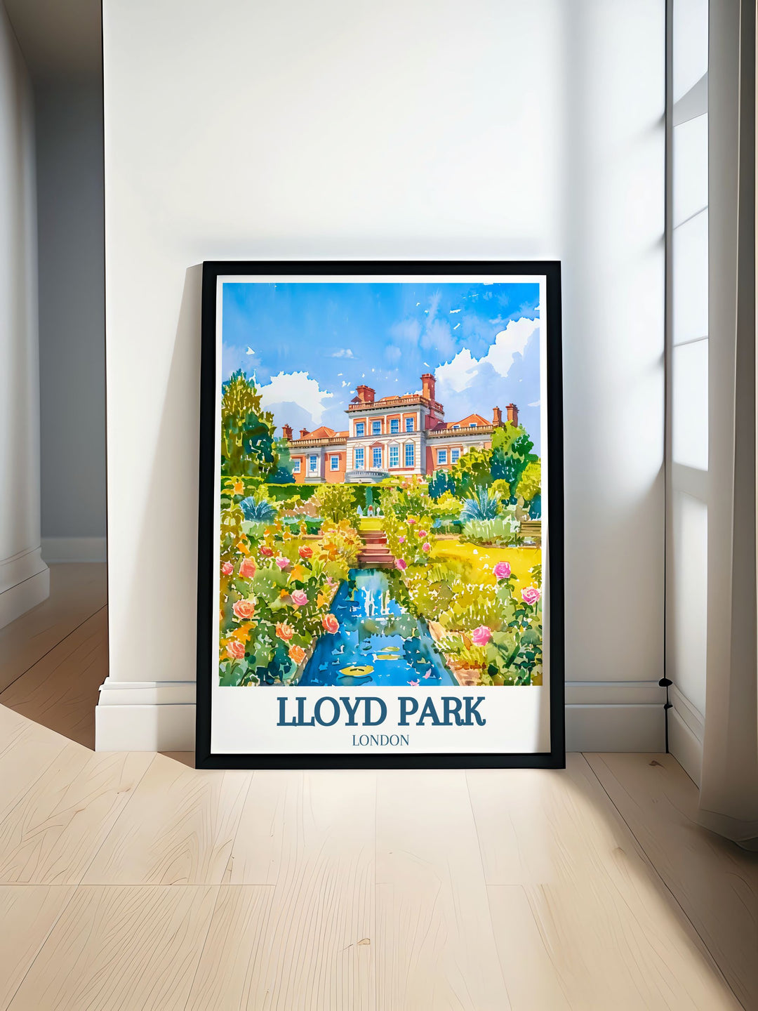 William Morris gallery vintage travel print featuring Lloyd Park in East London. Detailed illustration of the rose garden surrounded by lush greenery. Perfect for London travel enthusiasts and art collectors. Adds elegance to any home decor with a touch of history.
