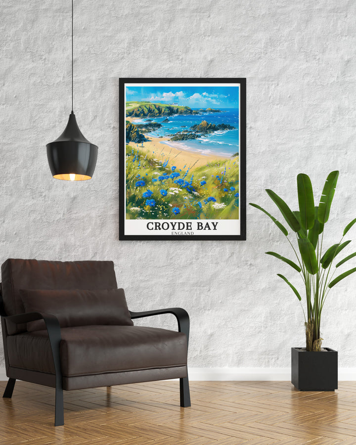 Baggy Points striking cliffs and panoramic views over Croyde Bay are depicted in this canvas print. Perfect for lovers of coastal walks and UK landmarks, this artwork brings a piece of the North Devon AONB into your living space.