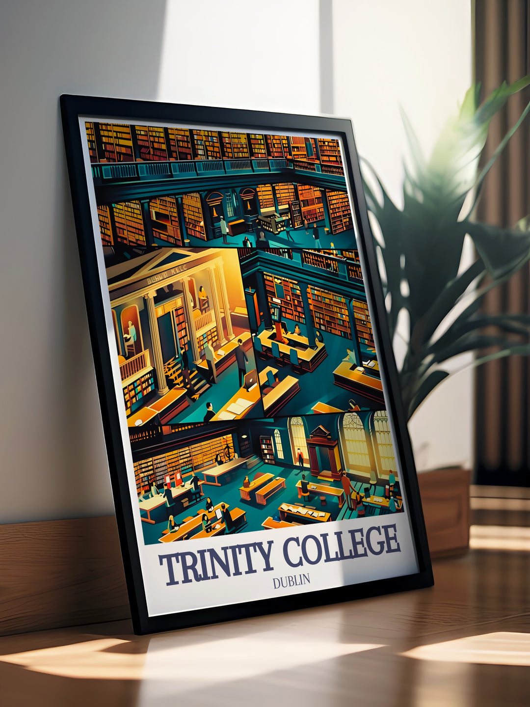 The grandeur of Trinity Colleges library and the historic Book of Kells are featured in this travel poster. Whether for a gift or personal décor, this artwork brings the rich cultural history of Dublin to life.