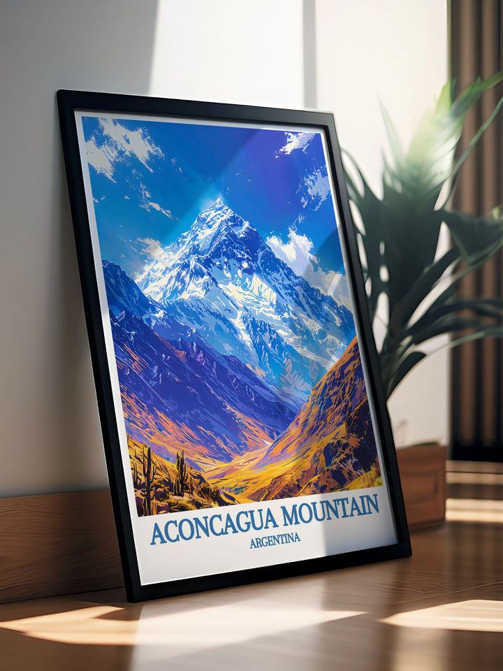 A beautifully designed retro travel poster featuring Aconcagua Mountain highlighting the majestic beauty of Cerro Aconcagua in the Andes Mountain Range.