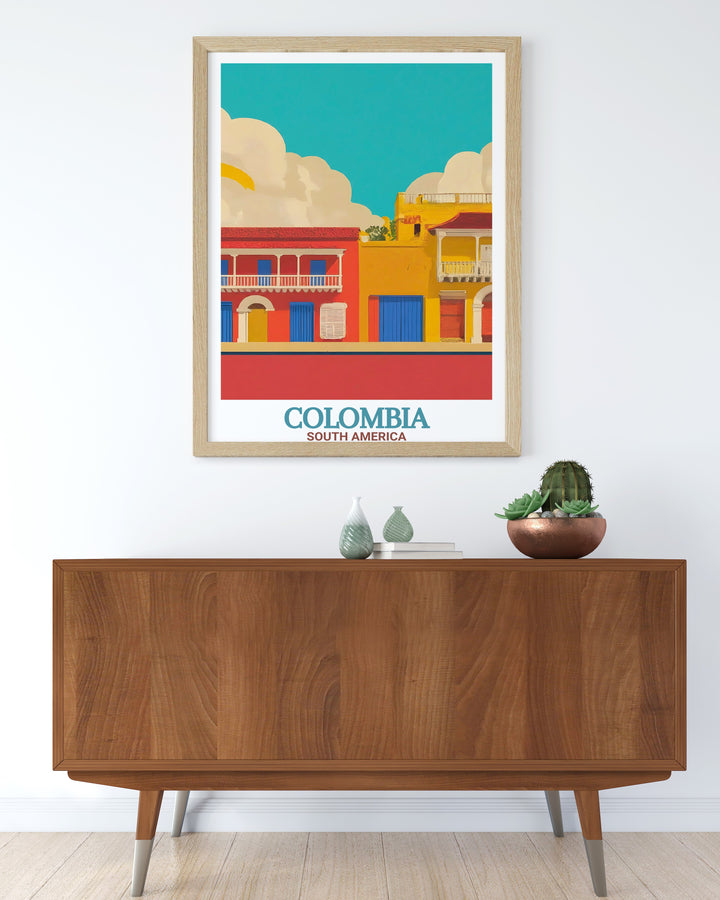 Colombia Poster highlights the colorful streets of Cartagenas Walled City and the vibrant hues of Caño Cristales. This travel print offers a unique way to celebrate Colombias cultural and natural beauty, making it a perfect addition to any living space.