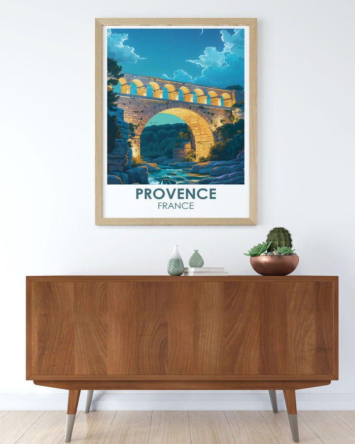 Explore the majestic beauty of the Pont du Gard with this exquisite travel poster, capturing the timeless grandeur of this iconic Roman aqueduct in France.