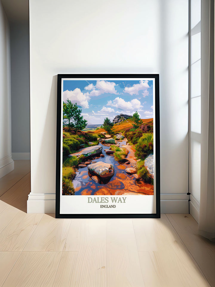 Framed art depicting the majestic landscapes of the Dales Way and Ilkley Moor, ideal for enhancing your space with a touch of English countryside charm.