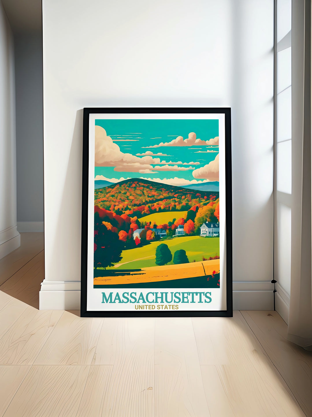 Massachusetts Travel Poster highlights two iconic landmarks the scenic Berkshires and the vibrant city of Springfield. The detailed illustrations capture the essence of Massachusetts, making this travel print a perfect gift or addition to your home or office.