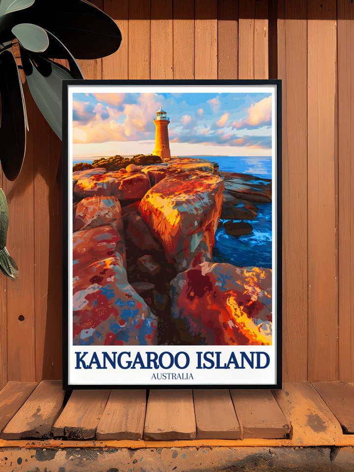 This Kangaroo Island art print captures the remarkable formations of the Remarkable Rocks and the historical Cape du Couedic Lighthouse, ideal for nature and history lovers alike.