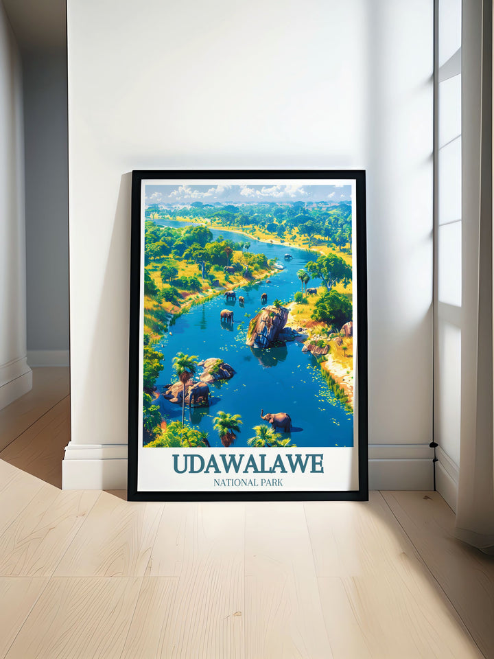 Udawalawe Reservoir Walawe River travel poster featuring lush landscapes and vibrant wildlife a perfect addition to your home decor or office space offering a glimpse into the serene beauty of Sri Lankas national parks and creating a peaceful atmosphere.