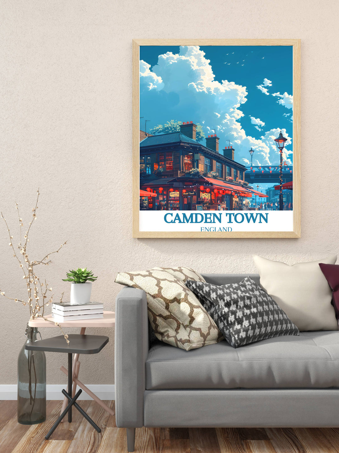 Framed print of Camden Market capturing the essence of this unique London destination with its rich colors and timeless design perfect for enhancing any room and evoking memories of past visits or inspiring future travels.