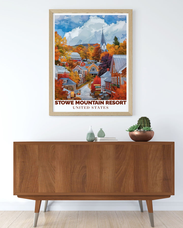 Stunning depiction of Stowe Mountain Town at Stowe Ski Resort with Mount Mansfield offering a serene and captivating addition to any room ideal for ski enthusiasts and art lovers