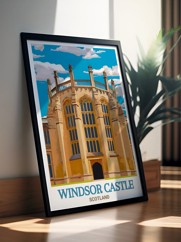 Celebrate the majestic beauty of Windsor Castle and St. Georges Chapel with this detailed travel print. Ideal for lovers of British royal history and architecture, this poster is a stunning addition to any room in your home or office.