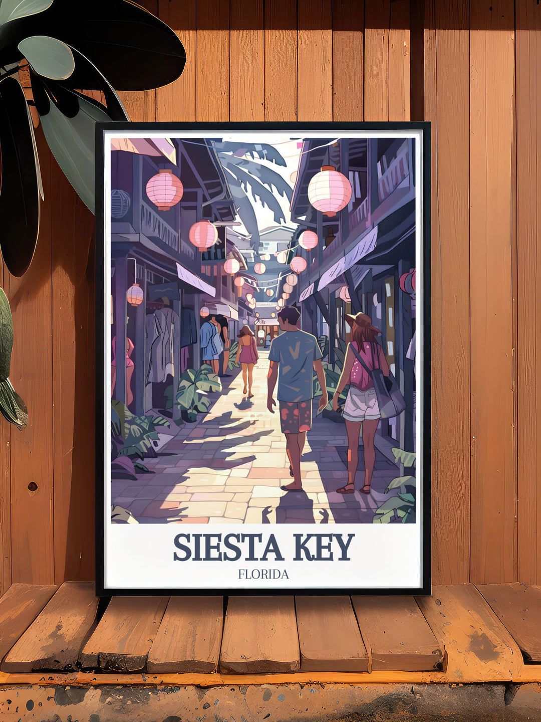 Beautiful Siesta Key Village Ocean Boulevard artwork showcasing the charming streets and lively atmosphere of Siesta Key perfect for creating an inviting and sophisticated living room decor with a touch of Florida travel art.