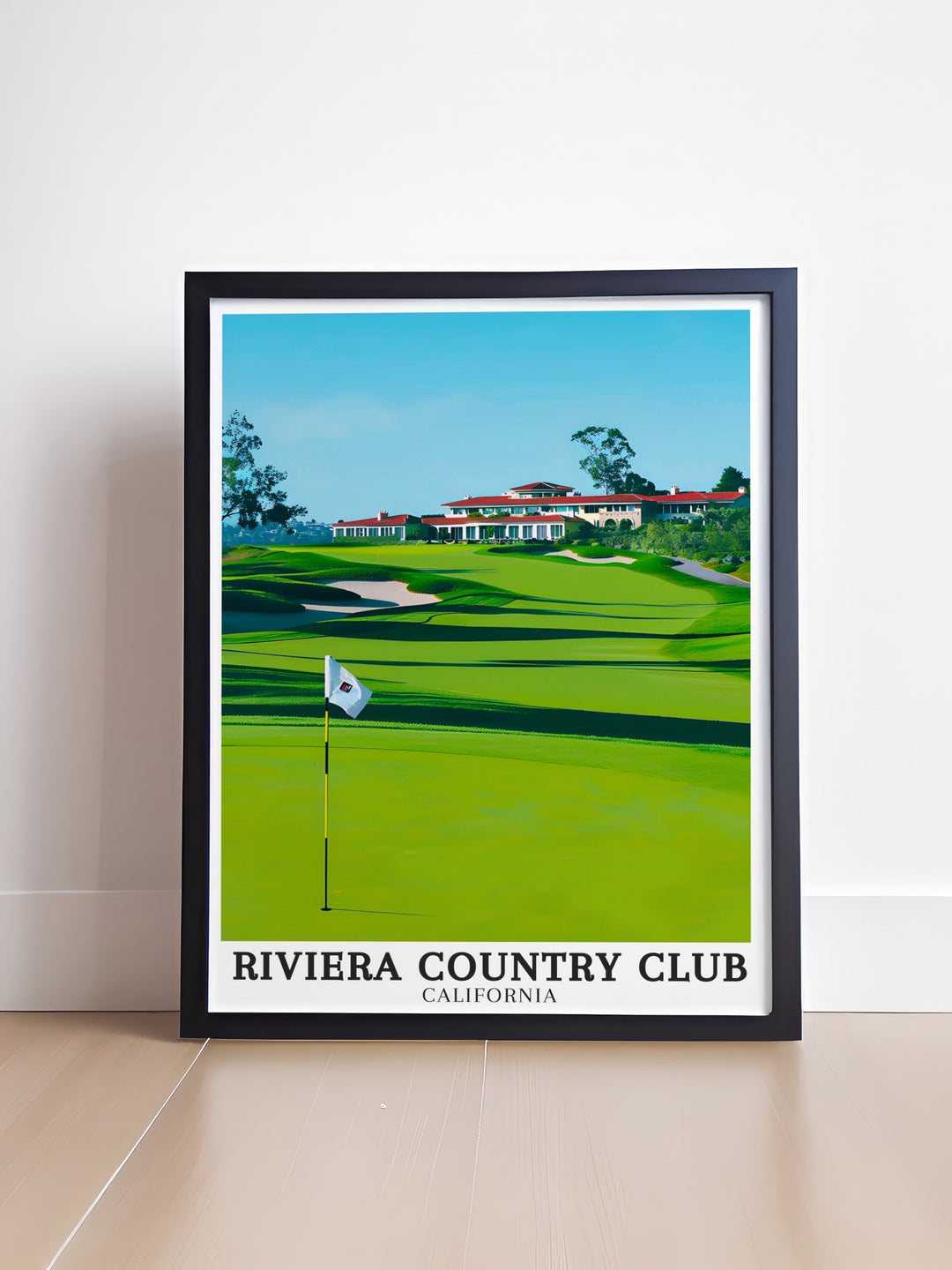 This poster print celebrates the beauty of Riviera Country Club, including its famous clubhouse and lush fairways set against the Pacific Palisades. Ideal for any golf fan, this artwork brings a touch of sporting history to your decor.