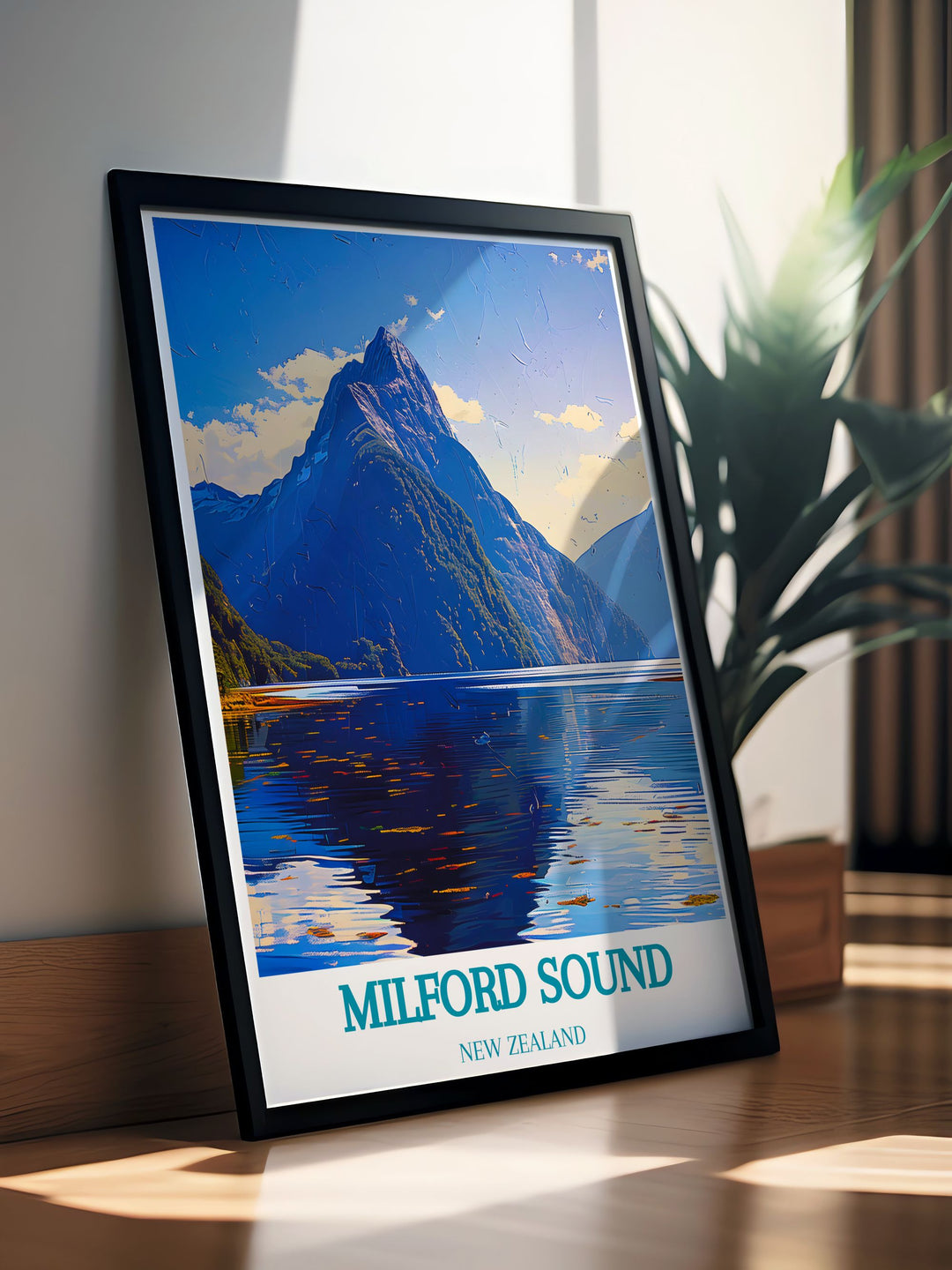 Mitre Peak modern print showcasing the dramatic peak set within the breathtaking Milford Sound landscape. This framed print is ideal for enhancing your living room or office with natural beauty.