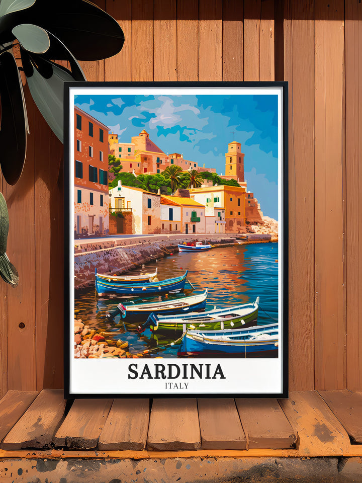 Beautiful modern art print of Sardinias Alghero Waterfront Promenade. This Sardinia decor piece highlights the natural beauty of the Mediterranean Island and Sardinian beaches. An elegant Italy print that brings Italian heritage into your home.