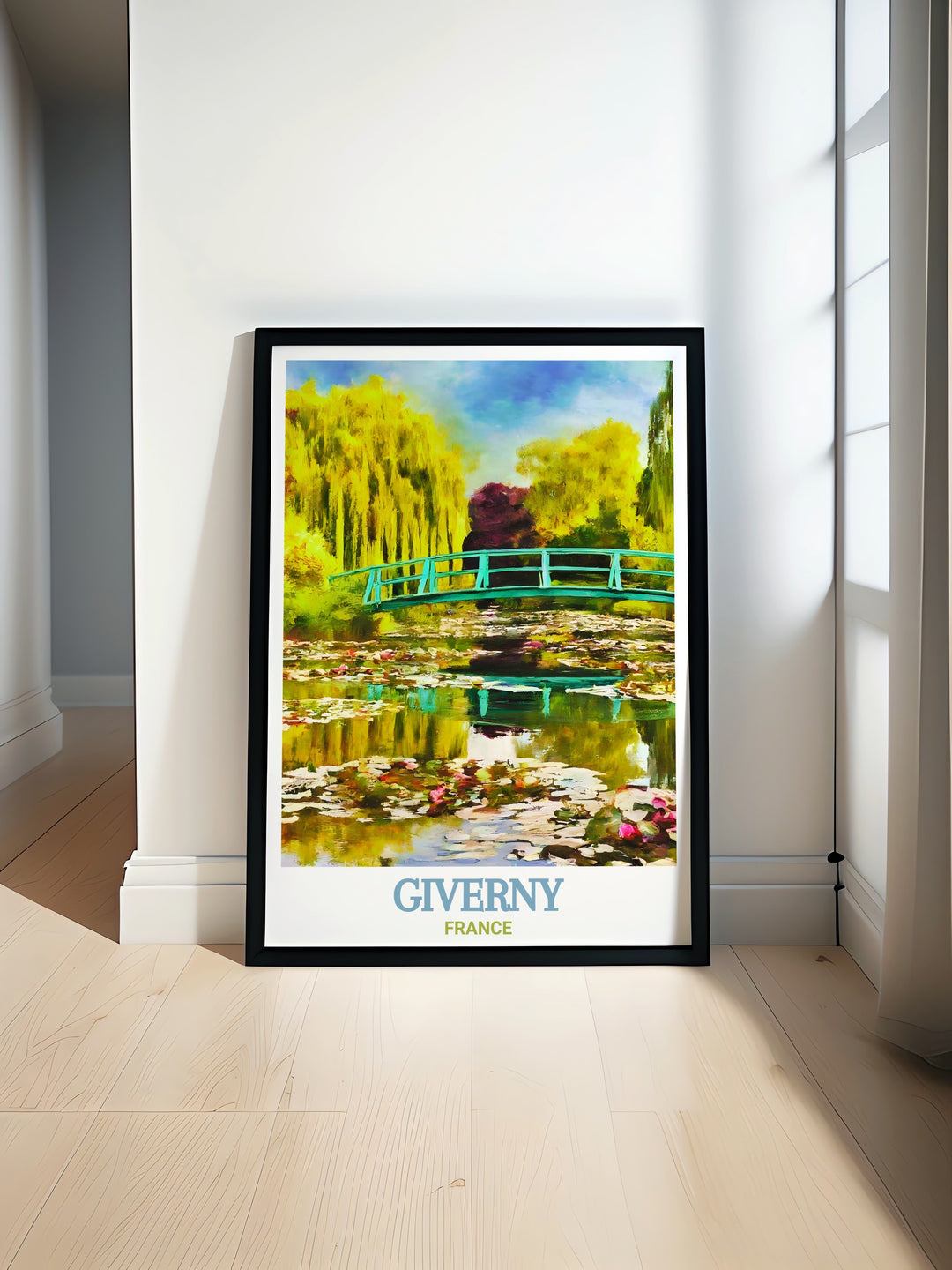 This Giverny travel poster brings to life the iconic Water Lily Pond and Japanese Bridge, offering a window into Claude Monets serene world. The calming colors and picturesque scene make it a stunning addition to your home decor.