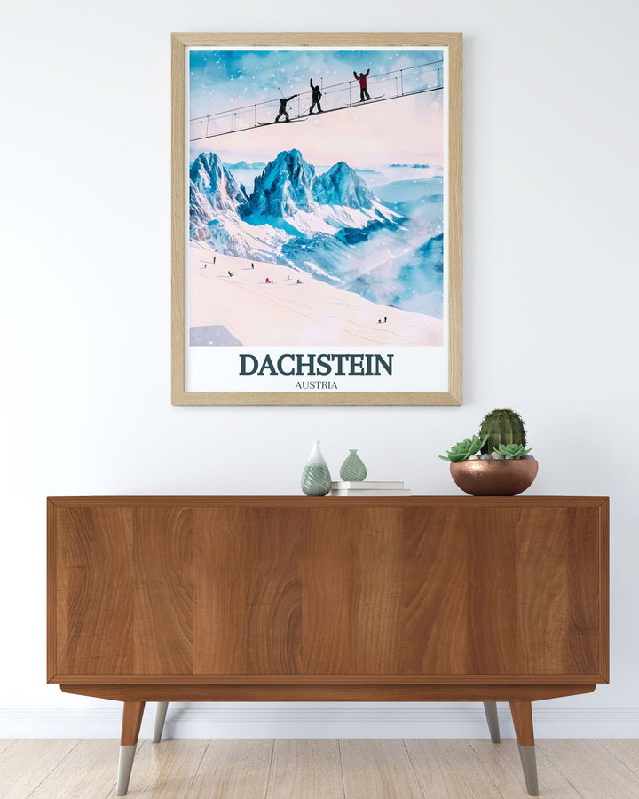 Exquisite Dachstein Glacier, Skywalk travel art highlighting the serene and majestic views of Dachstein Mountain a stunning addition to home decor that brings the beauty of Austria indoors.