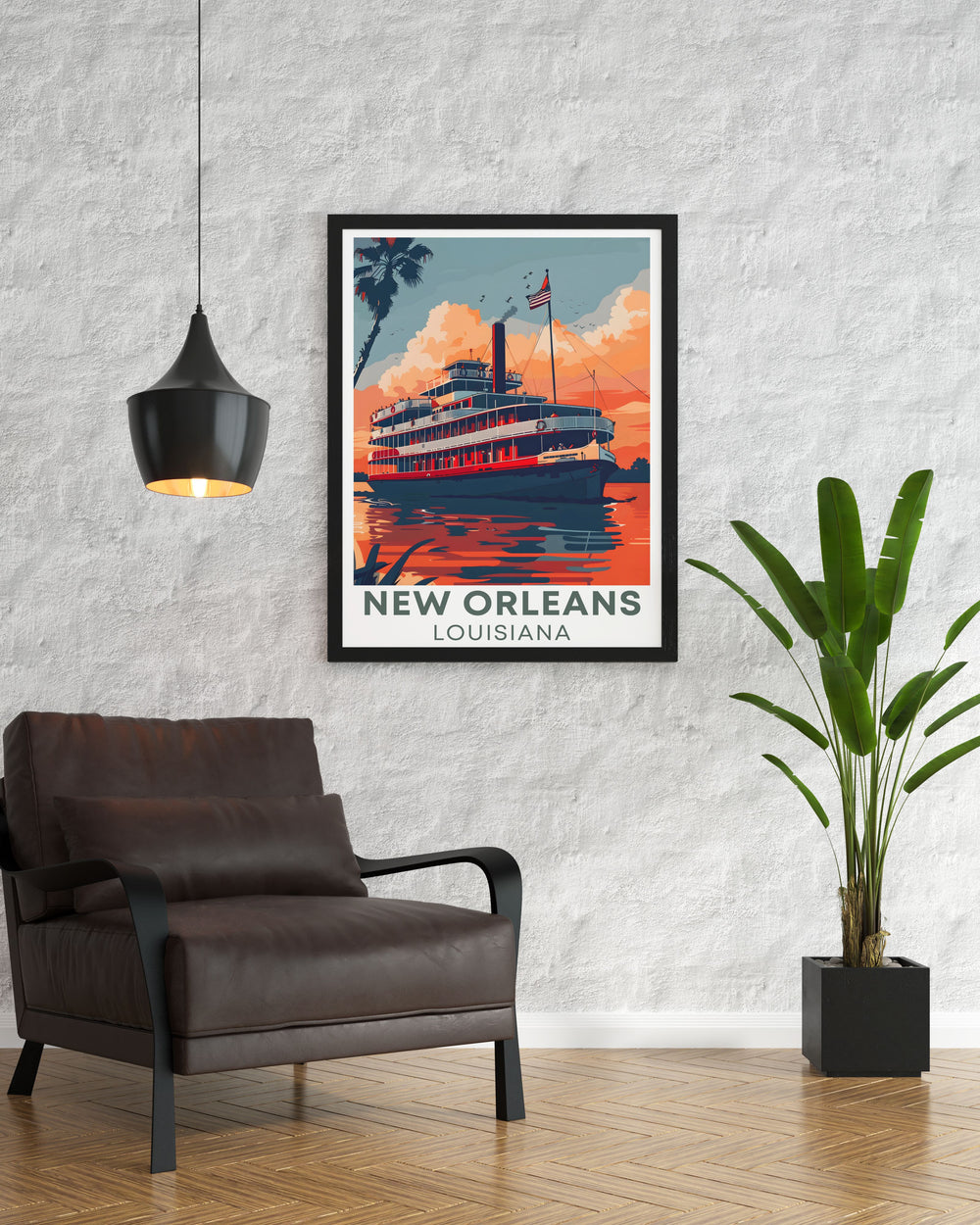 Elegant Steamboat Natchez poster featuring the iconic steamboat sailing the Mississippi River ideal for New Orleans enthusiasts and lovers of Louisiana art making a timeless addition to any wall or as a special gift