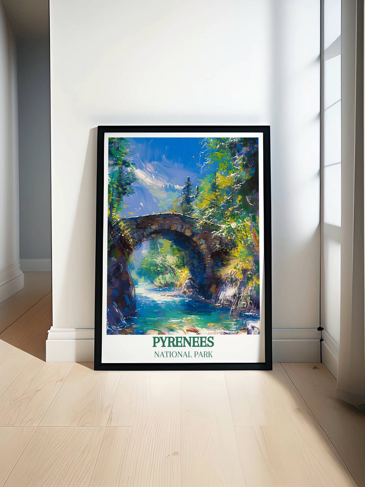 Pont dEspagne depicted in a stunning National Park Print capturing the scenic beauty of the Pyrenees Mountains ideal for enhancing your home decor.