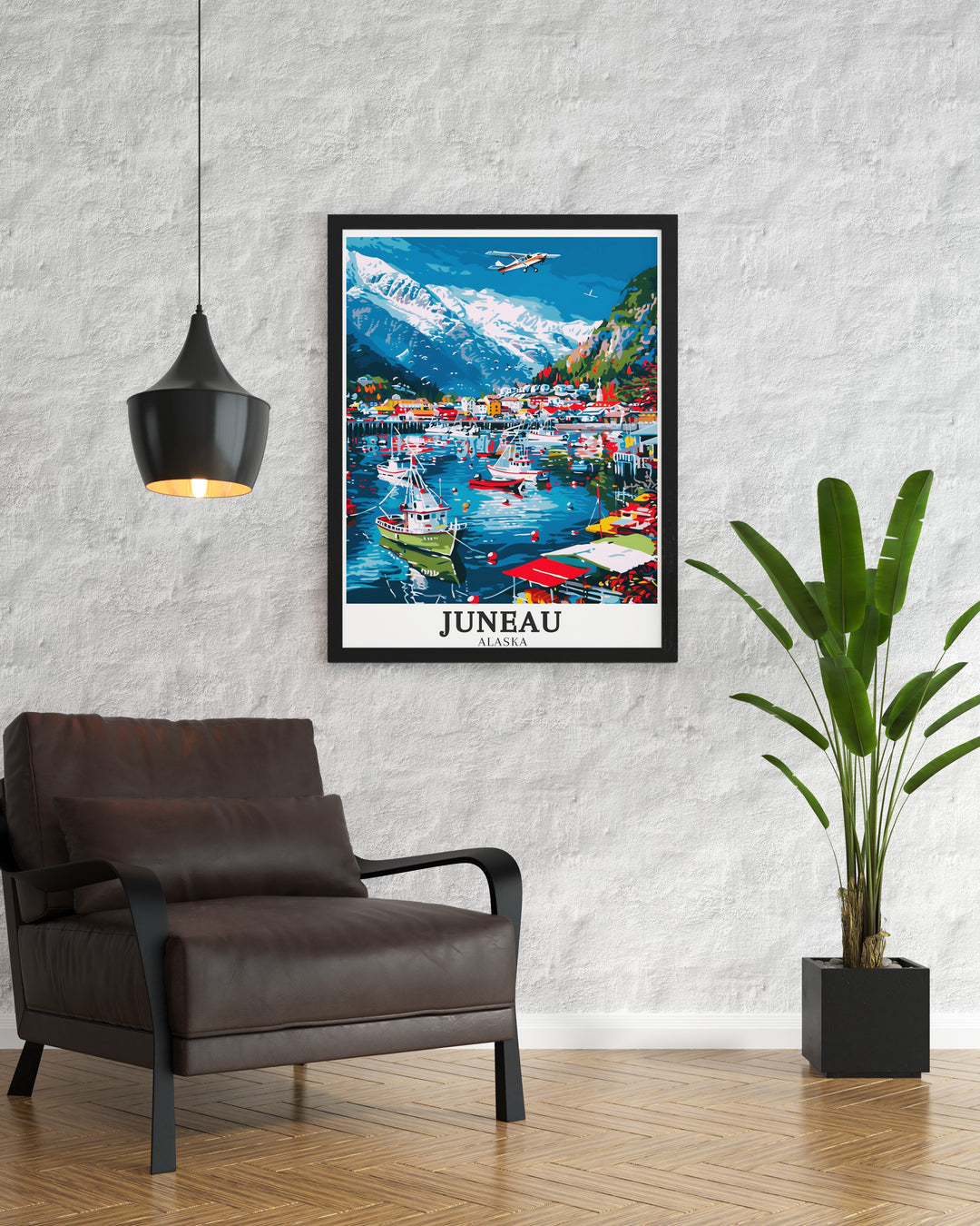 Juneau harbor travel print highlighting the quiet charm of Alaskas coastal towns. This artwork captures the balance between the busy docks and the peaceful waters of the Gastineau Channel, making it an ideal gift for those who love maritime scenery and nature.