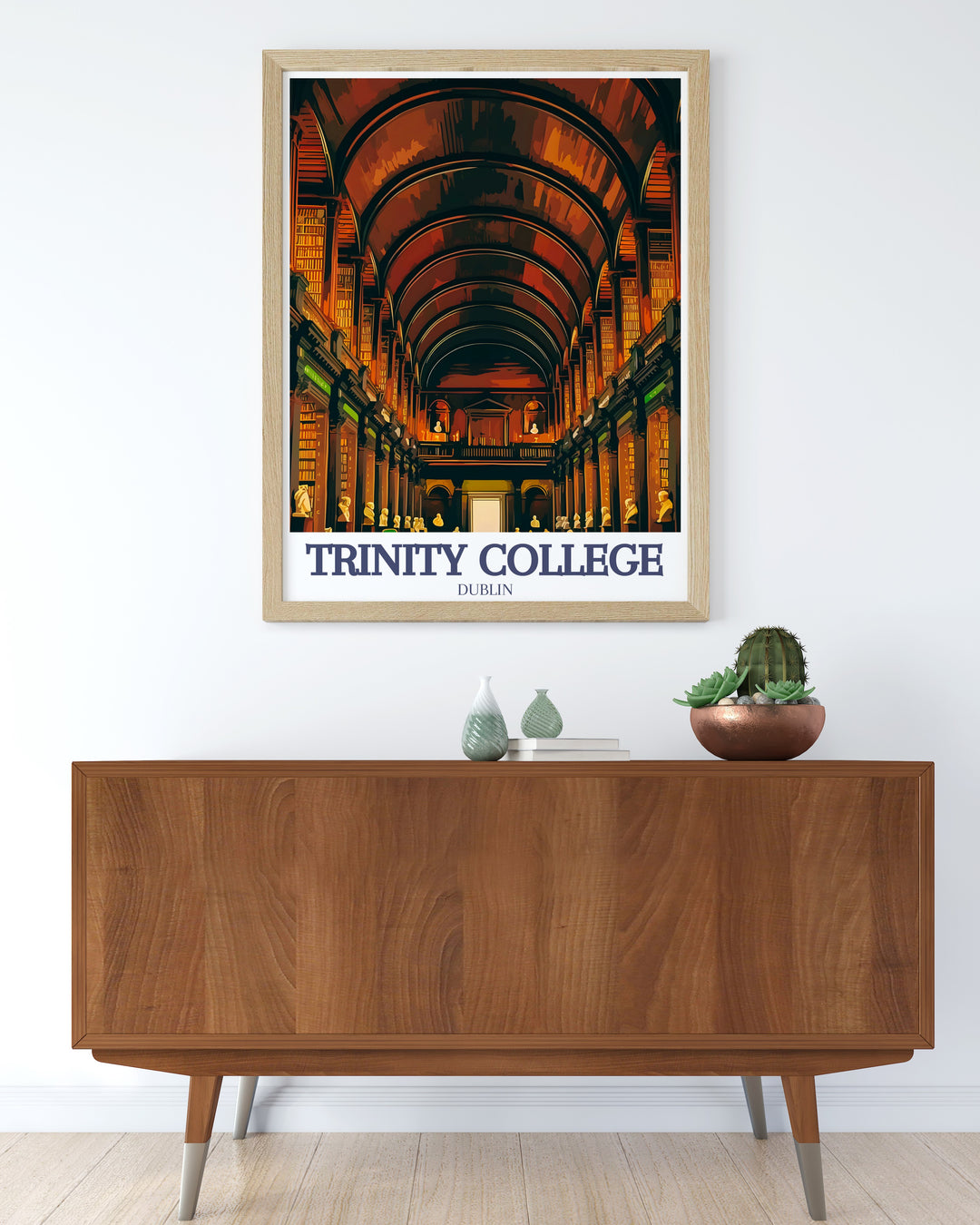 Capture the elegance of Trinity College with this stunning travel poster of the Long Room at Trinity College Library. Perfect for those who appreciate Dublins rich academic history and iconic architecture, this artwork makes a timeless addition to any home décor.